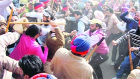 Policemen lathicharge unemployed linemen protesting in Sangrur on Thursday.