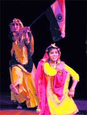 Students present a Punjabi dance at the Tagore Theatre in Chandigarh on Friday.