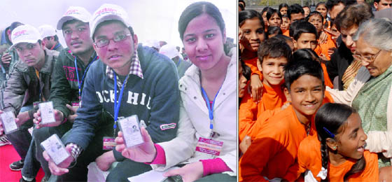Youngsters hold their voter ID cards after receiving them from Delhi Lt. Governor Tejendra Khanna on the occasion of the National Voters Day-2013 in New Delhi on Friday; (right) Chief Minister Sheila Dikshit with schoolchildren at Republic Day parade rehearsal at Chhatrsal Stadium in New Delhi on Friday.