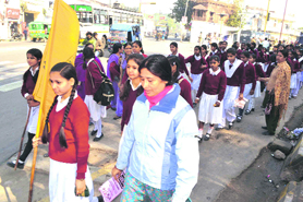 Students take out an awareness rally in Haridwar on Friday.