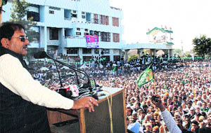 INLD leader Abhey Chautala addresses a party workers meeting in Jind on Friday. 
