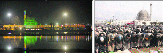 A view of the Hazratbal shrine, located on the outskirts of Srinagar, at night; (right) devotees offer prayers at the shrine on Friday. 