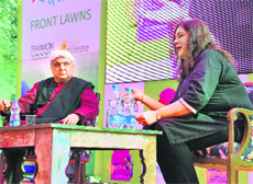 Javed Akhtar in conversation with Rachel Dwyer during Bollywood and National Narrative session at Jaipur Literature Festival on Friday.