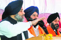 SAD president Sukhbir Badal campaigns at Jaitpur (ward 8) in Delhi on Friday. A Tribune photograph