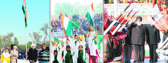 Considered to be among the oldest marathoners, Fauja Singh unfurls the Tricolour at Pingalwara. Schoolchildren present a patriotic performance. Chief Minister Parkash Singh Badal takes salute at Republic Day parade.