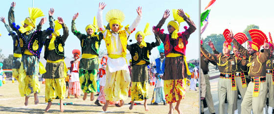 BSF jawans dance to celebrate the day at Attari-Wagah joint checkpost. Schoolchildren present bhangra during a function at Guru Nanak Stadium in Amritsar on Saturday.