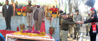 (Left) Chief Parliamentary Secretary Parkash Chand Garg salutes the martyrs at Asafwala War Memorial as Fazilka Deputy Commissioner Dr Basant Garg looks on, on Republic Day; officiating DIG, BSF, Ram Sewak offers sweets to Pakistan Rangers on Republic Day at Sadiqi Joint Check Post (JCP) in Fazilka sector.