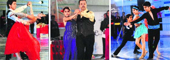 Couples perform during the first Open Dancesport Championship at a skating rink in Sector 10, Chandigarh, on Sunday