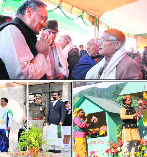 (Clockwise) Chief Minister Vijay Bahuguna greets freedom fighters after the Republic Day celebrations at Parade Ground; a tableau depicts the rich horticulture produce of the state and Brother AJ George, Principal, St Joseph's Academy, unfurls the national flag in Dehradun on Saturday