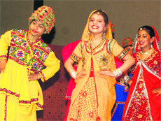Students of Sanskriti KMV School participate in a cultural programme in Jalandhar on Sunday. 