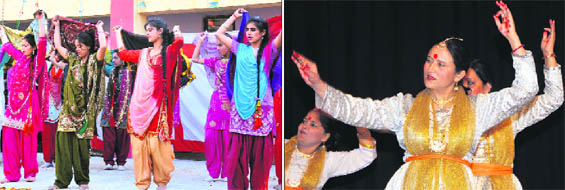 Students present a dance item during the Republic Day celebrations at the Government Higher Secondary School in Surinsar; (right) Artistes enthral the audience at a function in Jammu on Sunday. 