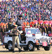 Governor NN Vohra inspects the Republic Day parade in Jammu on Saturday. 