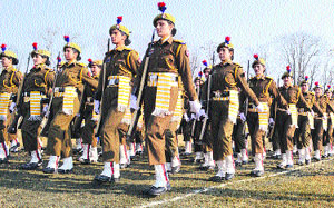 The Jammu and Kashmir Armed Police women contingent participates in the Republic Day parade in Srinagar on Saturday. 