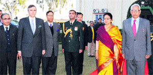 Governor NN Vohra and his wife Usha Vohra along with Chief Minister Omar Abdullah during At Home at Raj Bhawan in Jammu on Saturday.