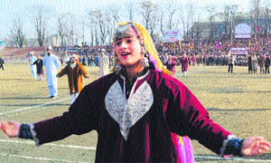 Artists perform during the function at Bakshi Stadium in Srinagar on Saturday.