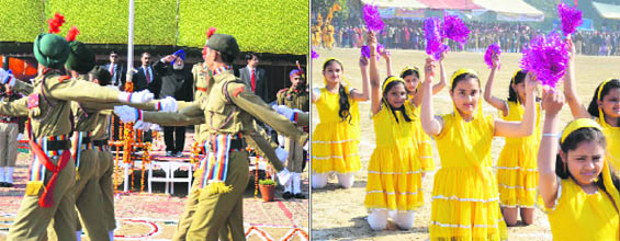 Punjab Vidhan Sabha Speaker Charanjit Singh Atwal takes the salute of the march past; and (right) students present a cultural item during the Republic Day function at the Government College for Boys in Ludhiana on Saturday.