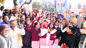 Students of Government High School, Maqboolpura, along with their parents hold a protest against the move to shift their school on Monday