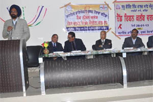 Dr Kamaljeet Singh Sidhu (assistant director, Youth Services, Bathinda), addresses the gathering at Guru Kashi University, Talwandi Sabo on Monday.