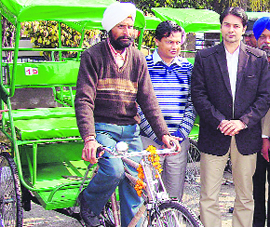 An eco-rickshaw given by Deputy Commissioner Varun Roojam at the MC office in Mohali on Monday.