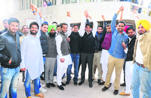 Student leaders after joining the National Students Union of India at Panjab University in Chandigarh on Monday.