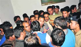 Student leaders of the ABVP argue with the DAV College authorities and the police in Dehradun on Monday.