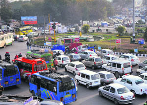 A view of the traffic jam at Bikram Chowk in Jammu on Monday.