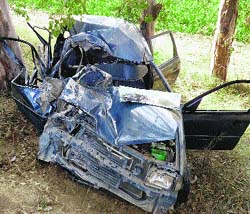 The mangled remains of a car that met with an accident near Sidhwan Bet on Monday.