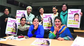 Members of Ludhiana Cares introduce  Seeti Cares during an awareness drive at BCM Arya Model Senior Secondary School at Shastri Nagar in Ludhiana on Monday.
