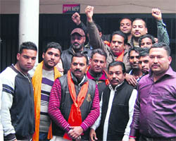 Activists of the Shiv Sena raise slogans after they were arrested by the police in Amritsar on Tuesday. 