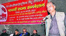 Rajya Sabha MP Tapan Sen and other trade union leaders during a convention in Haridwar on Tuesday