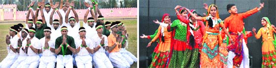 BSF jawans; and (right) students perform at a cultural programme during the opening ceremony of the Inter-frontier games in Jalandhar.