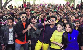 The cast of upcoming Punjabi film Stupid 7 on a promotional campaign at the Lyallpur Khalsa College for Women in Jalandhar on Tuesday.