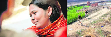 A grieving relative of Reshma Devi, who was murdered near Gobindgarh village; (right) policemen inspect the crime spot