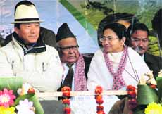West Bengal Chief Minister Mamata Banerjee with GTA chief Bimal Gurung at the opening cermony of the second Uttarbanga Utsav in Darjeeling on Tuesday.
