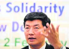 Lobsang Sangay, PM of the Tibetan government-in-exile, at a press conference in New Delhi on Tuesday. 