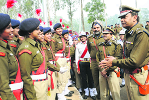 New UT IGP RP Upadhyaya (extreme right) interacts with policewomen during the welcome parade at the police lines in Sector 26, Chandigarh, on Wednesday. 
