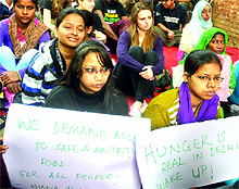People call for food and nutritional justice for the Antim Jan at Jantar Mantar in New Delhi on Wednesday