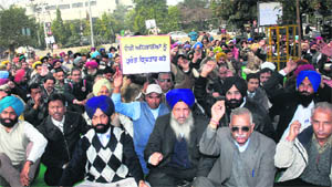 Members of the Council of Diploma Engineers hold a protest demanding the arrest of the accused in the JE suicide case in Jalandhar on Wednesday. 