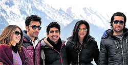 Actors Ranbir Kapoor, Deepika Padukone and Kalki Koechlin with tourists during shooting of their upcoming film "Yeh Jawaani Hai Deewani" at Pahalgam on Wednesday