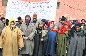 Leprosy Patients Association stage a protest against the state government in Srinagar on Wednesday