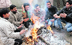 People gather around a bonfire to keep themselves warm in Srinagar on Thursday