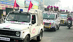 The police holds a flag march in Moga on Thursday