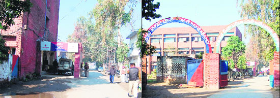 A verandah; and (right) main gate of the SSP (Rural) office lie on the road leading to the city bus stand in Amritsar. 