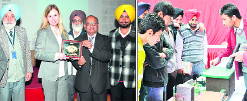 US Embassy official Sarah A Duffy and Rajinder Marwaha being honoured at the Amritsar College of Engineering and Technology during a seminar; and (right) students show their science models exhibited during state-level science festival Eureka- III held at DAV College in Amritsar on Friday.