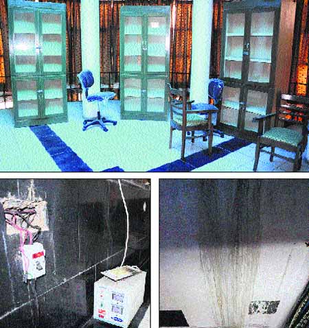 Empty cupboards at the municipal library in Silvi Park, Phase X, Mohali; a broken switch and seepage at the library. 