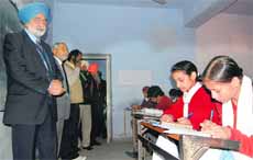 Punjab Education Minister Sikandar Singh Maluka at a school in Phase 3BI, Mohali, on Friday. 