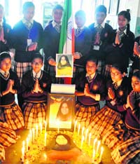 Students pay tributes to astronaut Kalpana Chawla in Karnal on Friday.