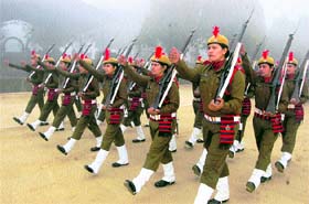 Women police recruits of the sports wing participate in the passing-out parade at Haryana Police Academy, Madhuban (Karnal), on Friday.