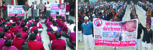 (Left) Volunteers of an NGO informing the students of a school about the harmful effects of using China-made string to fly kite, in Bathinda on Saturday; Students of another city school carry a poster denouncing the use of China-made strings. Local NGOs are organising awareness programmes in the city to acquaint people with the ill-effects of China Dor. 