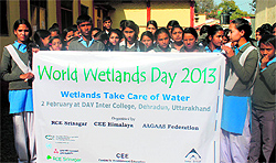 Students at a function to mark World Wetlands Day in Dehradun on Saturday